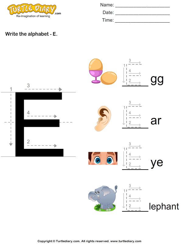 Write Alphabet E in Uppercase Worksheet - Turtle Diary