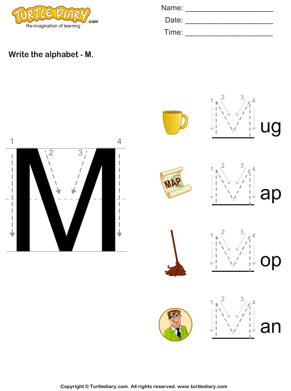 for free kindergarten phonics worksheets in M Write Diary Alphabet Turtle Uppercase Worksheet