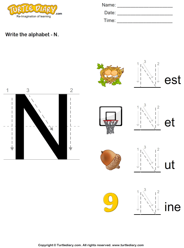 preschool for y worksheets letter in N Turtle Diary Uppercase  Write Worksheet  Alphabet