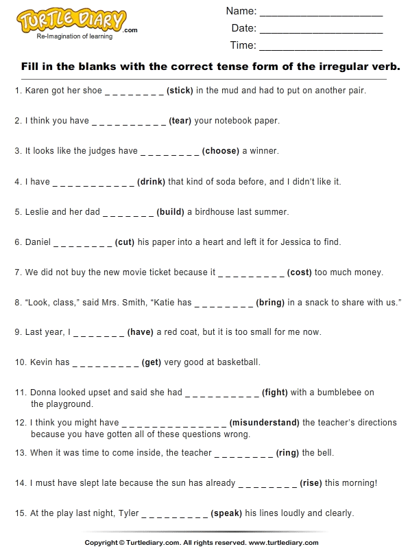 english exercise unless of Irregular Form Tense Write Correct each in Verb