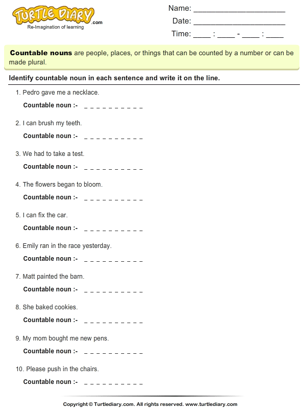 write countable noun worksheet turtle diary