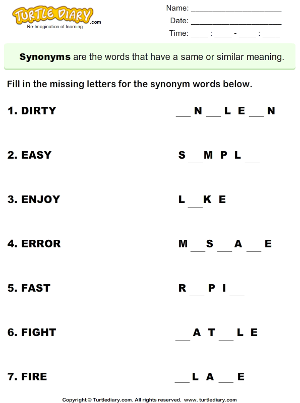 in worksheets english free grade 1 Synonym Words Complete Letters and Worksheet Missing Write