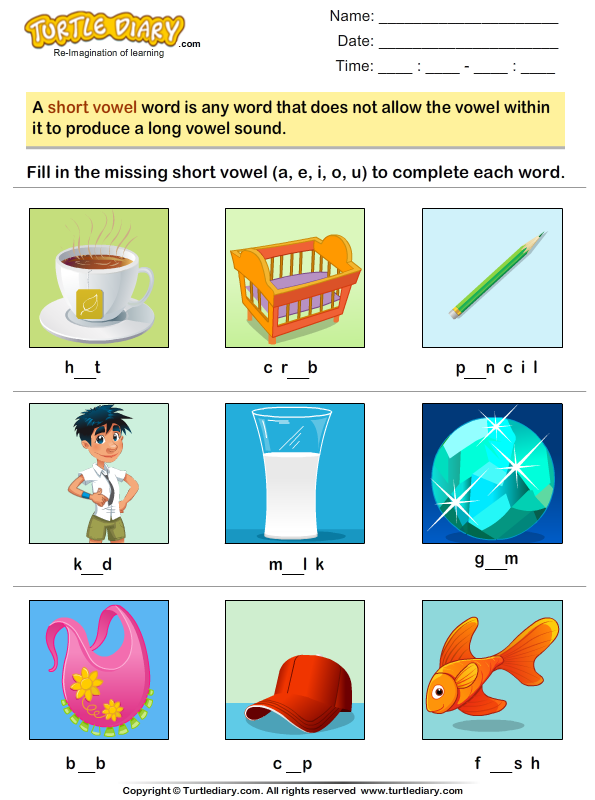 Write the missing words. Furniture fill in the missing Vowels. Write the missing Days. Complete the adjectives with the missing Vowels a e i o. Turtle Phonics.