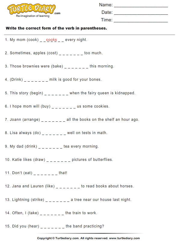 with spaces name worksheet Parentheses Correct of in Form Write the the Verb