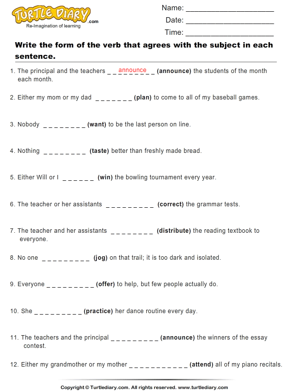 pdf english exercises question with in Verb the the Subject that Agrees the of Write Form