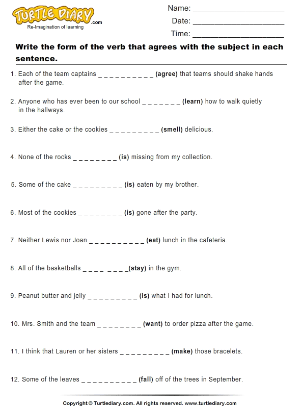 Write the Form of Verb for each Sentence Worksheet - Turtle Diary