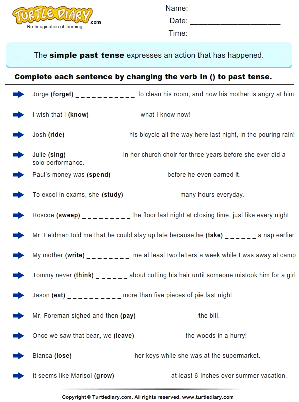 Write Verb in each Sentence in Past Tense Form Worksheet - Turtle Diary