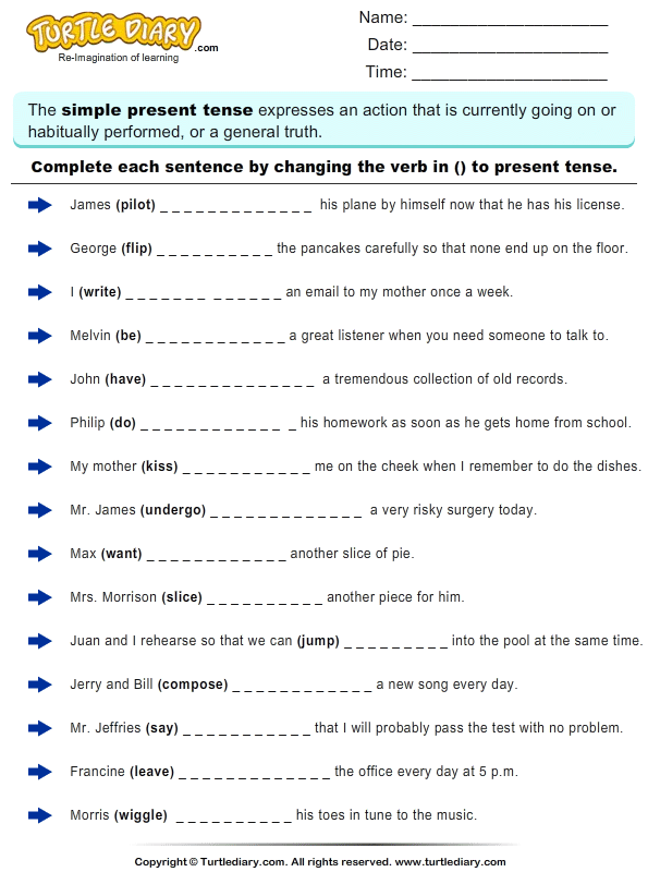 worksheets kindergarten free english in Form each Write in Sentence Present Tense Verb