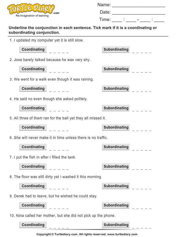 Writing Coordinating and Subordinating Conjunctions Worksheet - Turtle