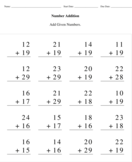 Adding 2-Digits Number to a 2-Digit Number with regrouping (Sum upto 50) - addition - Fifth Grade