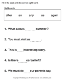 Choose a Sight Word to Complete the Sentence