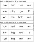 Identify Sight Words Me Red