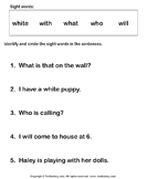 Identify Sight words White With What Who Will